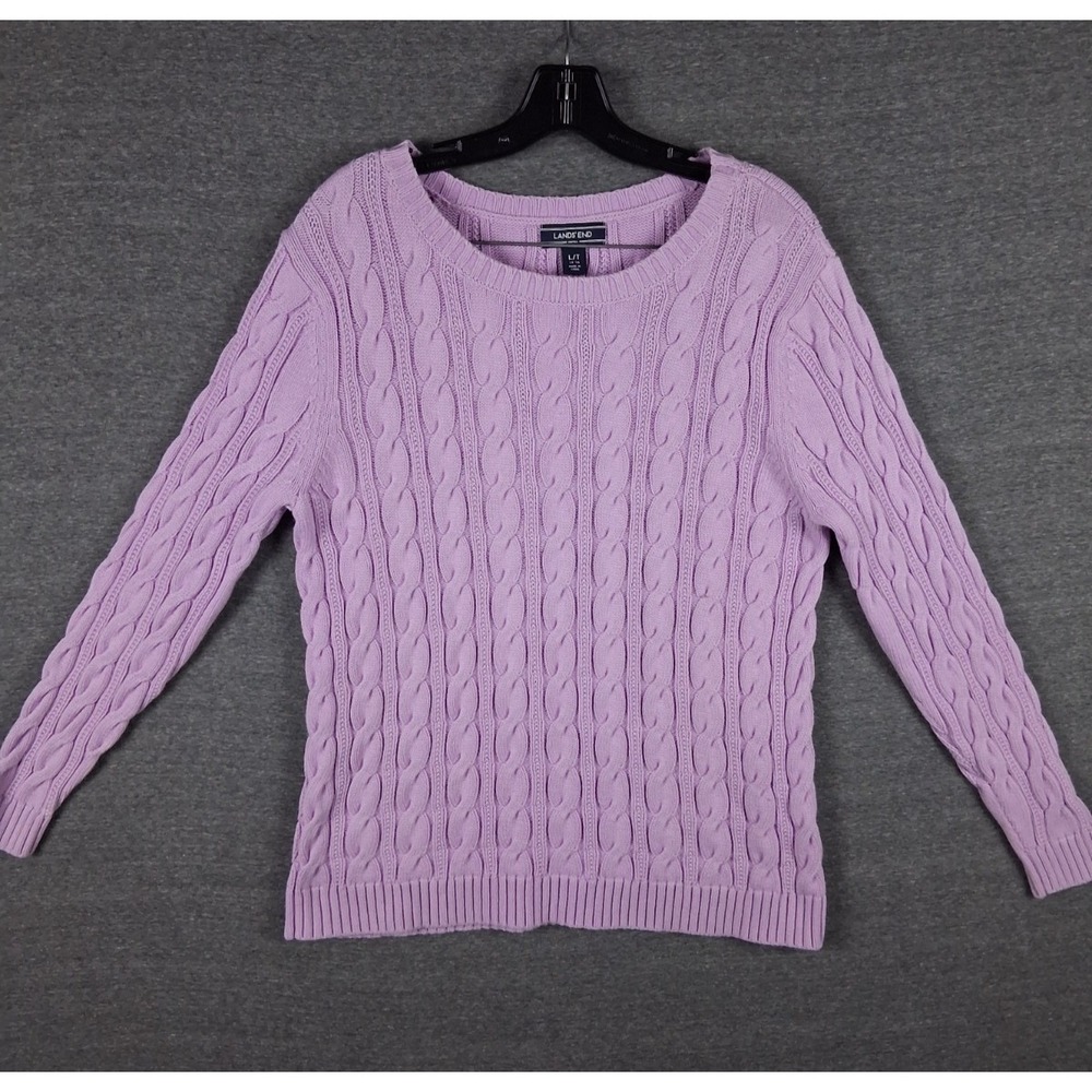 Lands End Womens Sweater Large Tall Lilac Purple Cable Knit‎ Drifter Stretch